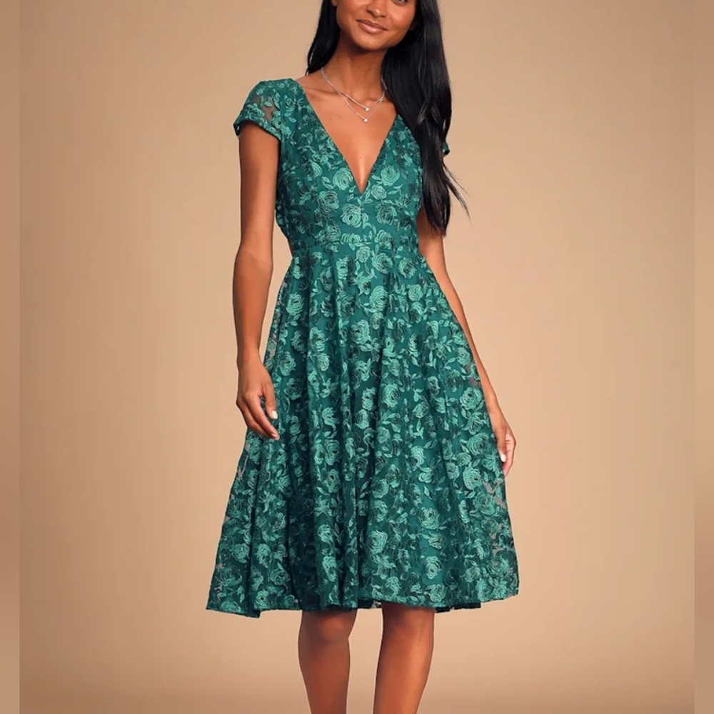 Lulus Floral Embroidered Emerald Green Backless Jacqueline Midi Dress Large NWT